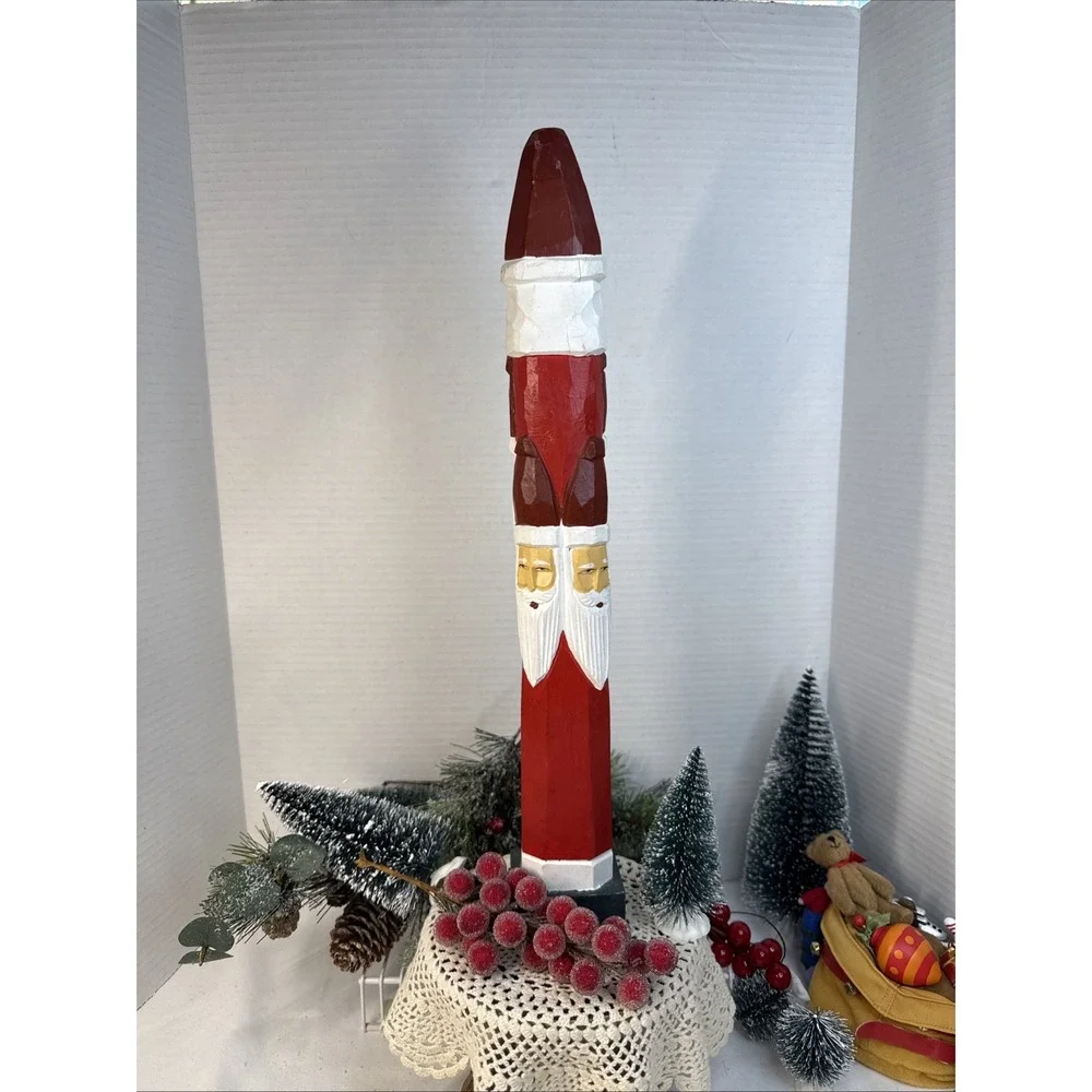 Vintage 5 Faces Santa Claus Figurine Wood Carved Folk Art 16